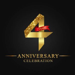 anniversary, aniversary, 4 years anniversary celebration logotype. Logo,ribbon golden number on black background.Numbers ribbon gold foil.